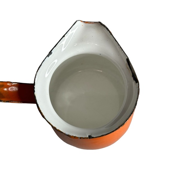 Vintage Enamelware Melting Pot Orange White Distressed 2.4”x2.4” Handle is 4.7” - Picture 5 of 10